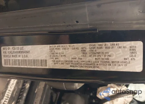 2021 Jeep Wrangler Willys Sport 4X4 z USA, uszkodzony, nr VIN 1C4GJXAN6MW849941